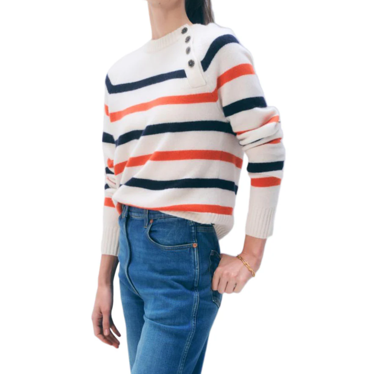 Cashmere Striped Sweater - Soft White/Poppy Red/Deep Navy