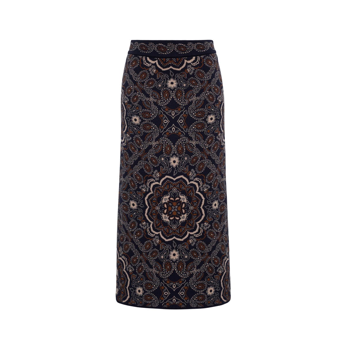 A dark navy midi skirt with an intricate, symmetrical paisley and floral mandala pattern in beige, brown, and white, shown against a plain white background.