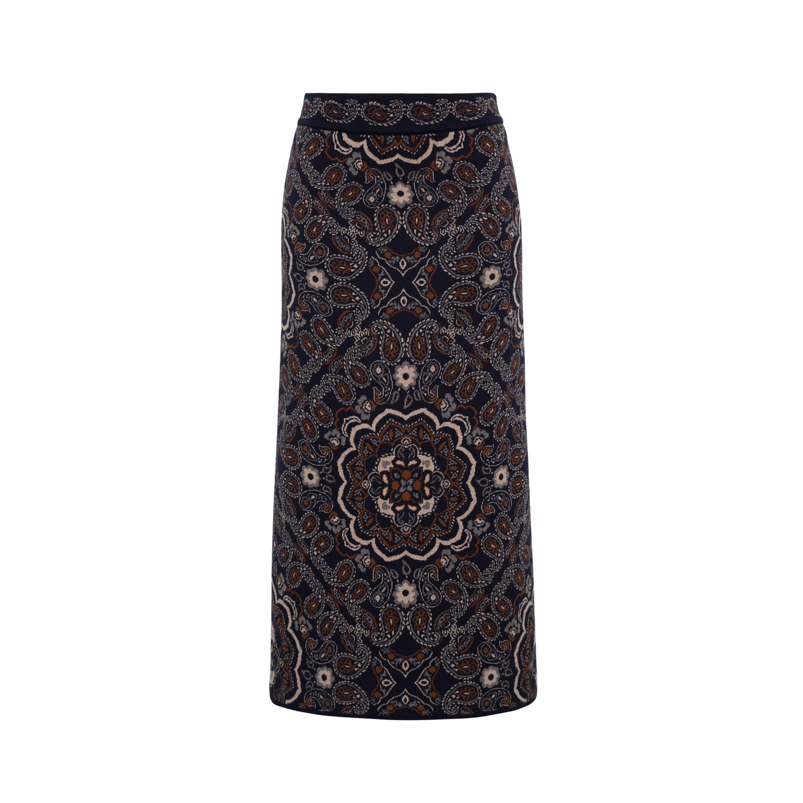 A dark navy midi skirt with an intricate, symmetrical paisley and floral mandala pattern in beige, brown, and white, shown against a plain white background.