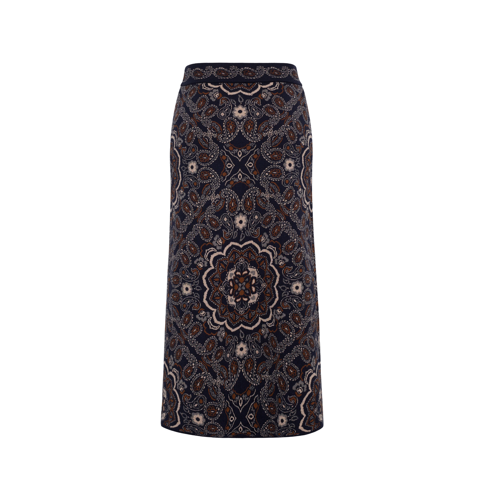 A dark navy midi skirt with an intricate, symmetrical paisley and floral mandala pattern in beige, brown, and white, shown against a plain white background.