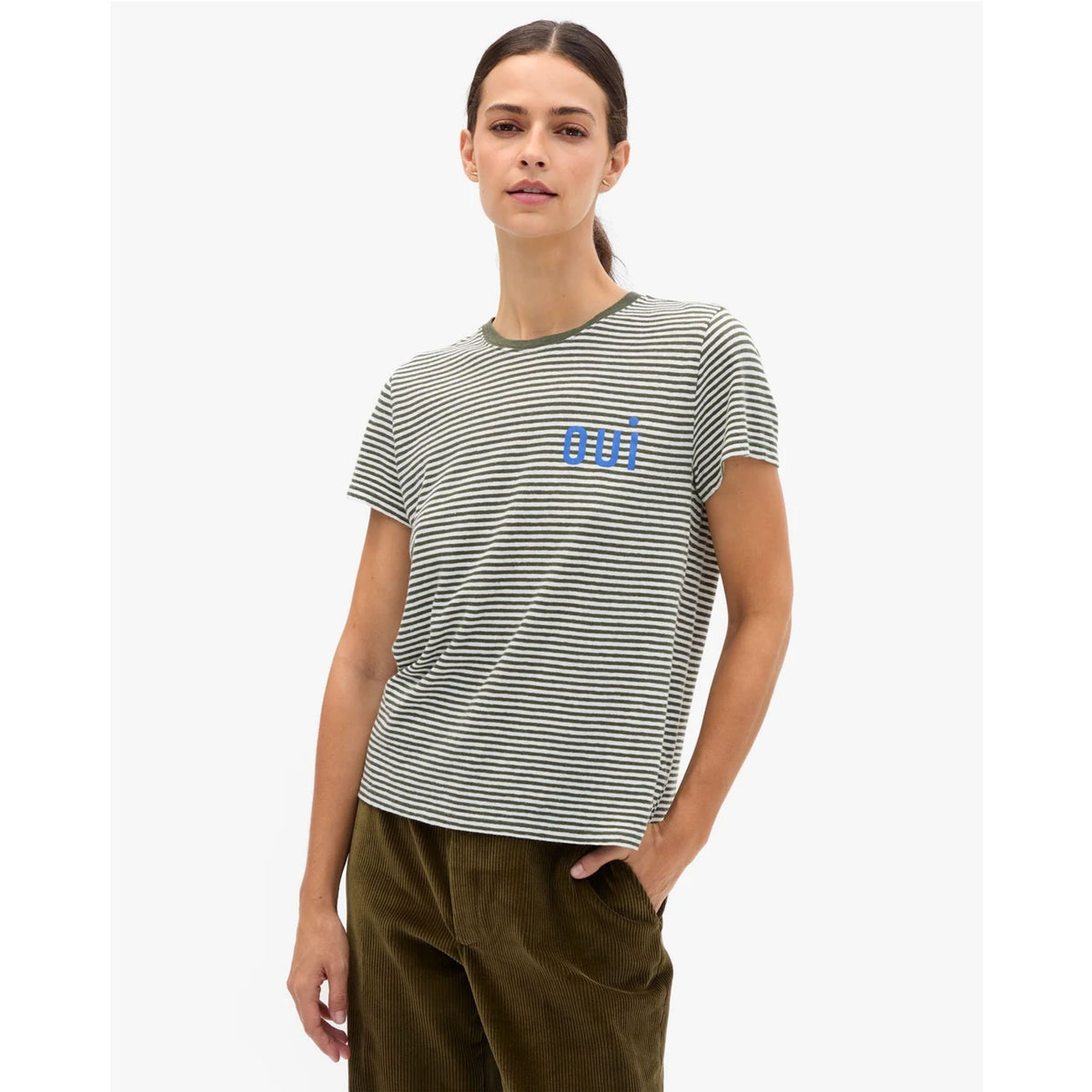 Classic Tee - Army/Cream Mini Stripe w/ Cobalt Oui