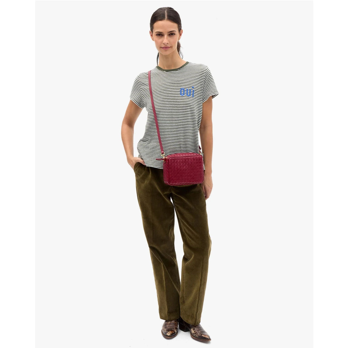 Classic Tee - Army/Cream Mini Stripe w/ Cobalt Oui