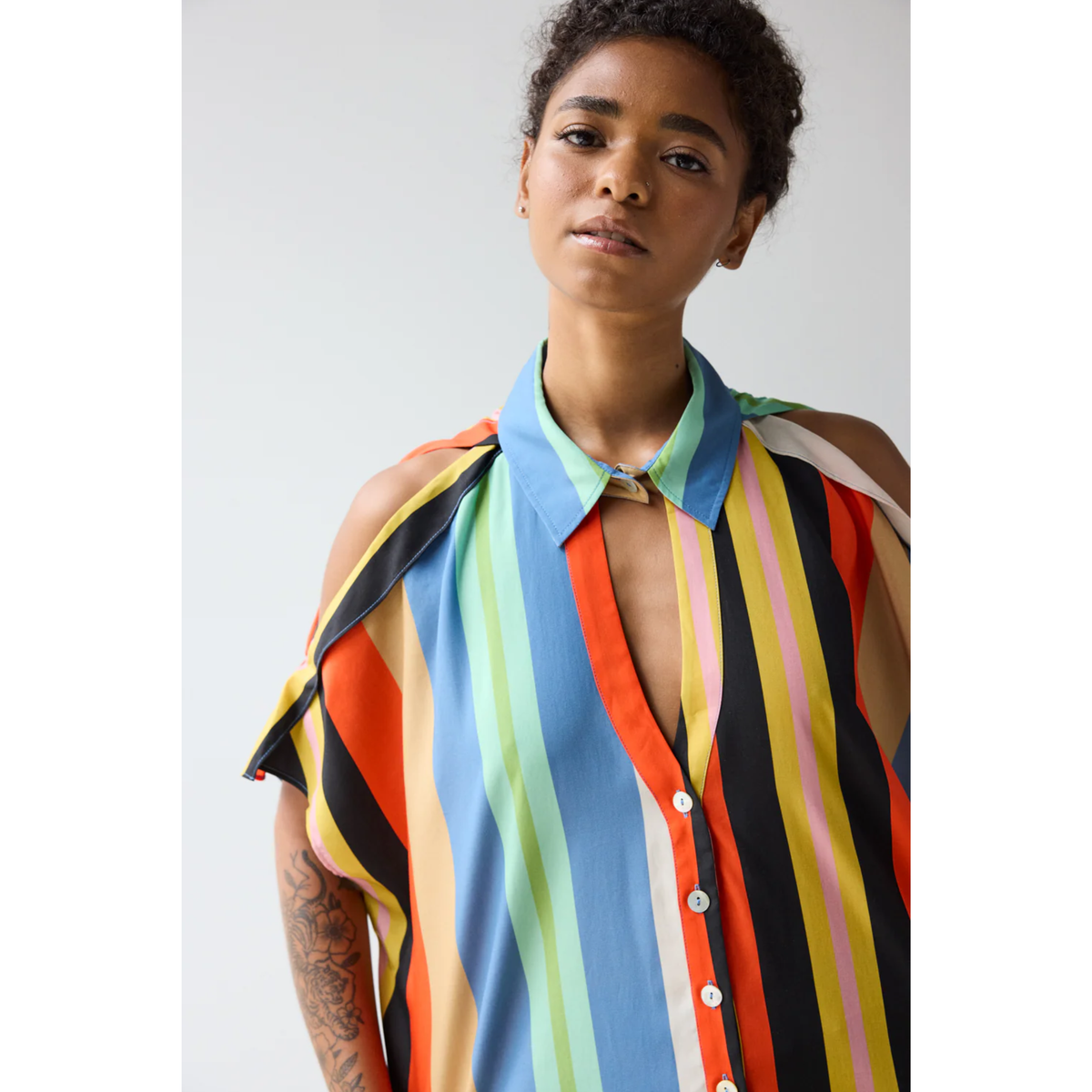 Cold Shoulder Shirt - Awning Stripes