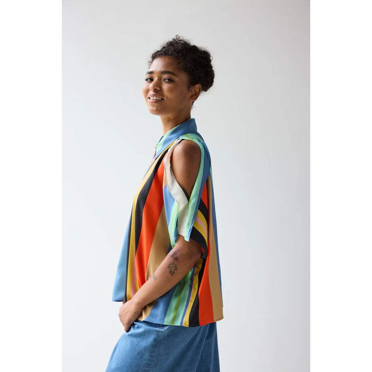 Cold Shoulder Shirt - Awning Stripes