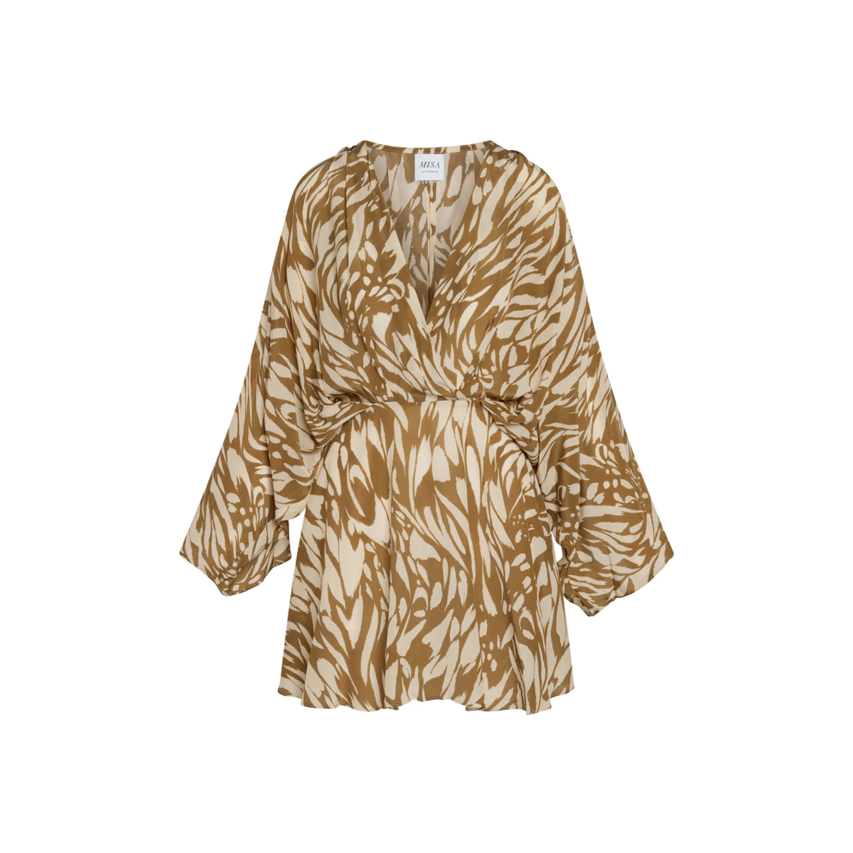 A long-sleeve wrap-style dress with a brown and cream abstract animal-inspired print, shown against a plain white background.