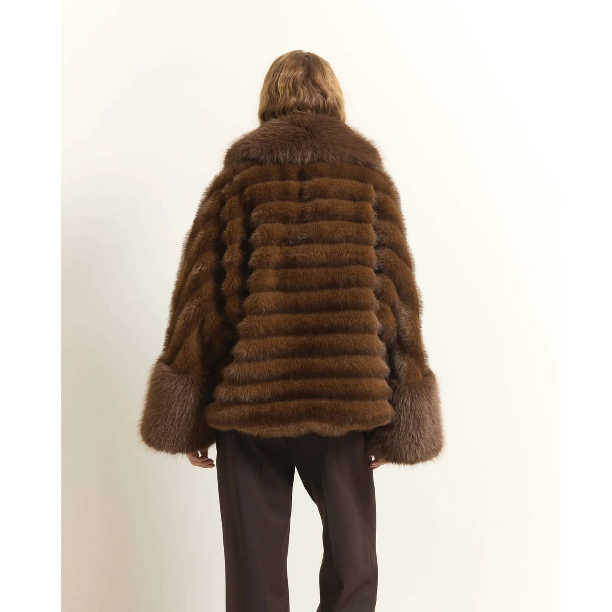 Cropped Faux Fur Jacket With Maxi Collar - Brown