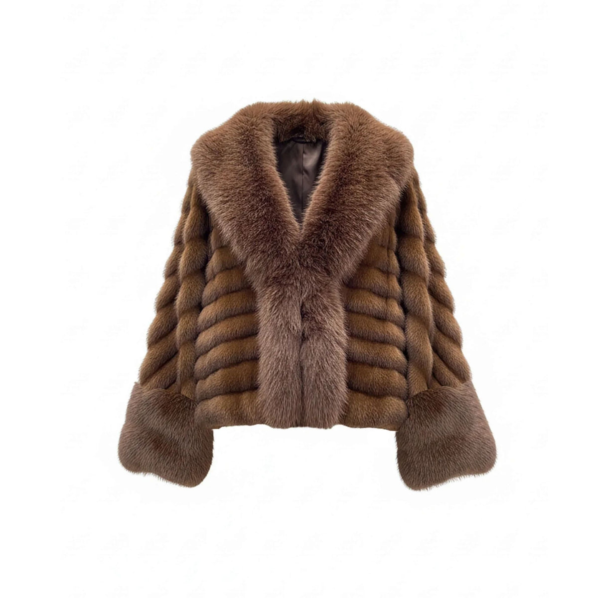 Cropped Faux Fur Jacket With Maxi Collar - Brown