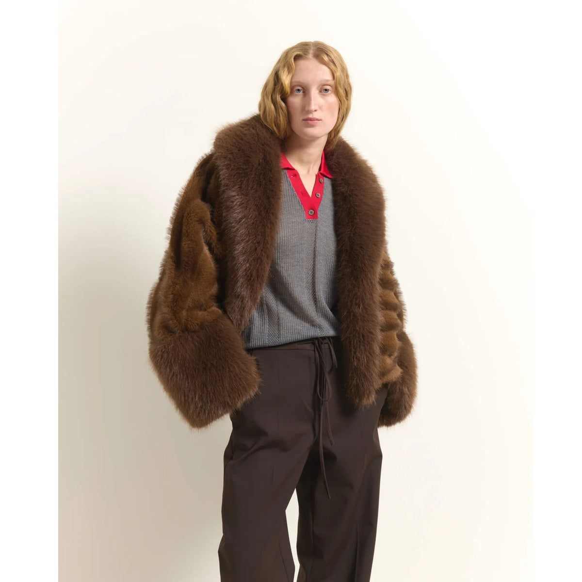 Cropped Faux Fur Jacket With Maxi Collar - Brown