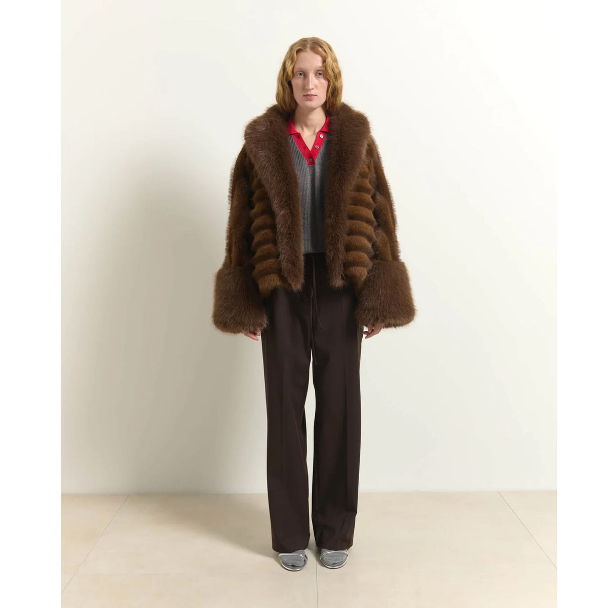 Cropped Faux Fur Jacket With Maxi Collar - Brown