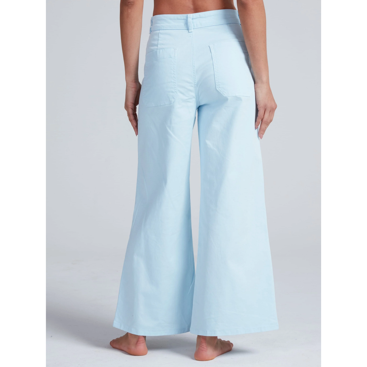 Light blue wide-leg pants worn by a person on a white background