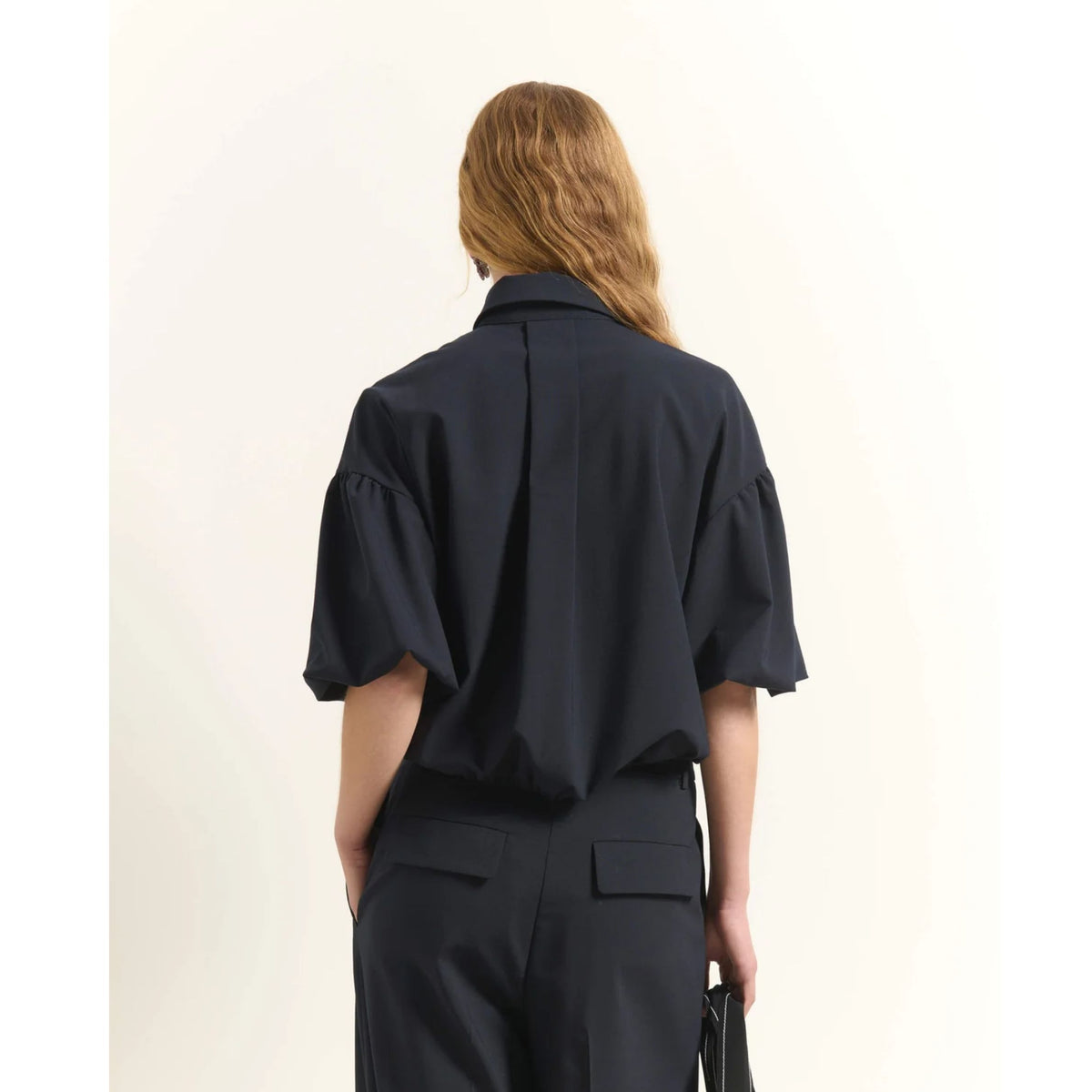 Cropped Shirt With Voluminous Sleeves - Dark Blue