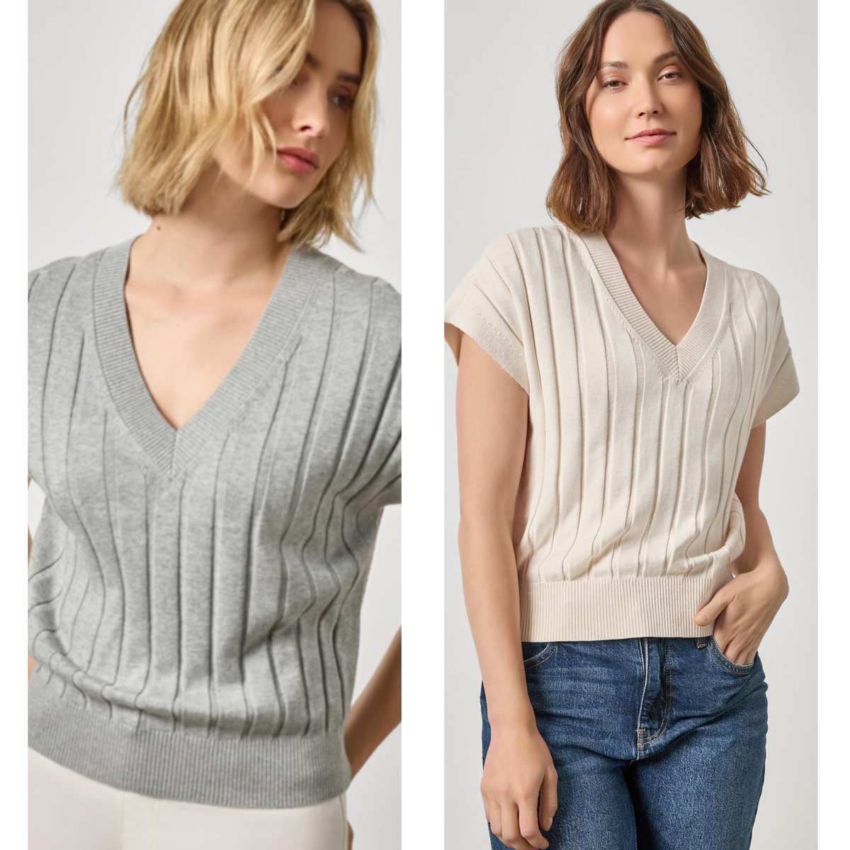 Wide Rib Wedge V-Neck Sweater