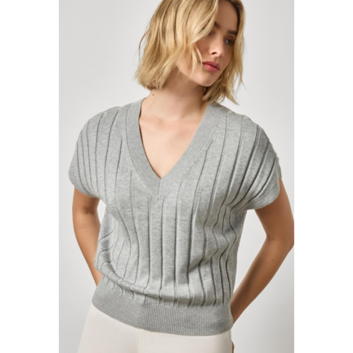 Wide Rib Wedge V-Neck Sweater