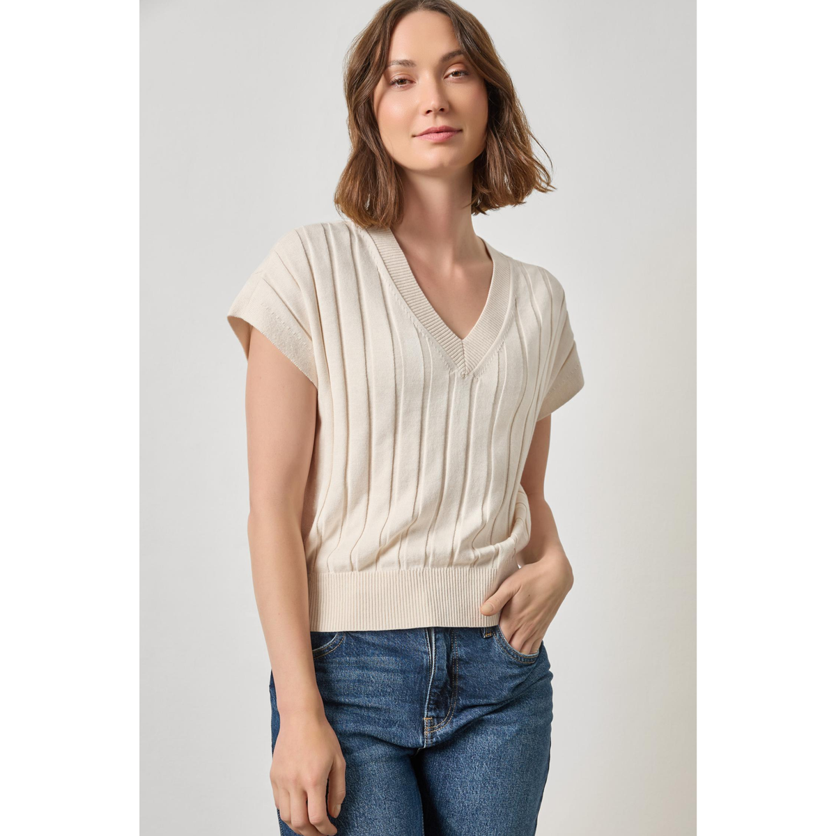Wide Rib Wedge V-Neck Sweater