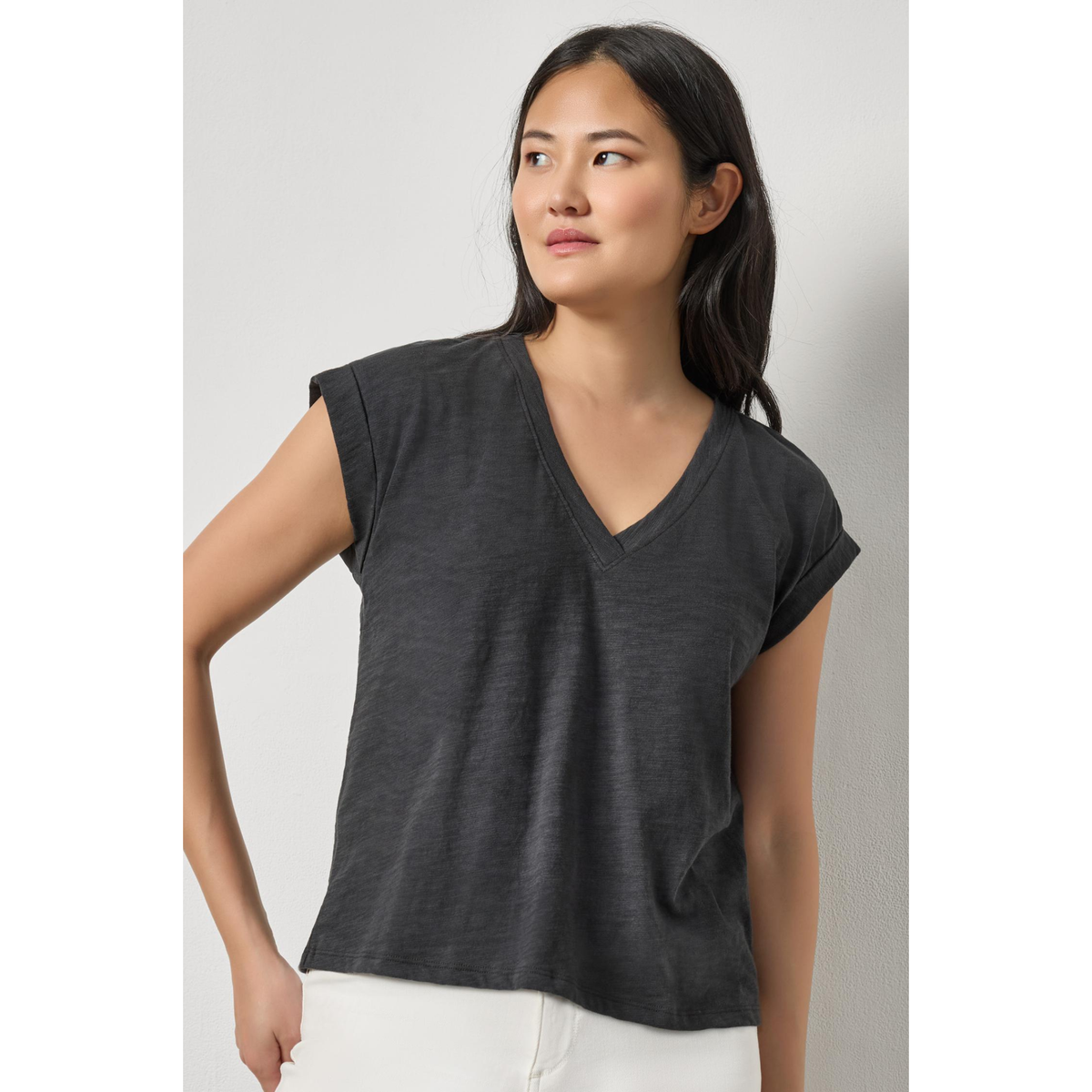 Cuffed Sleeve V-Neck
