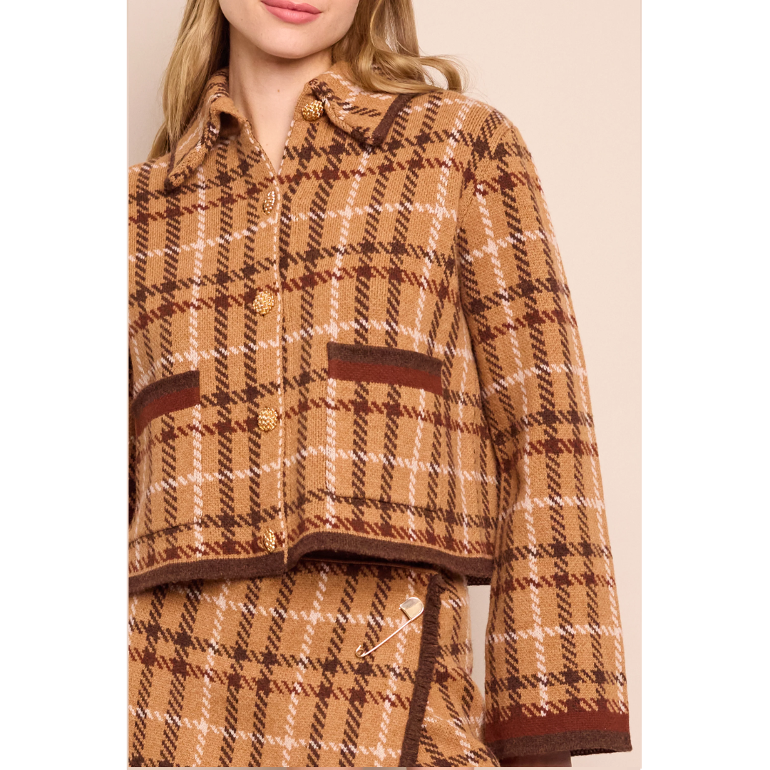 Delilah Cardigan - Camel Plaid