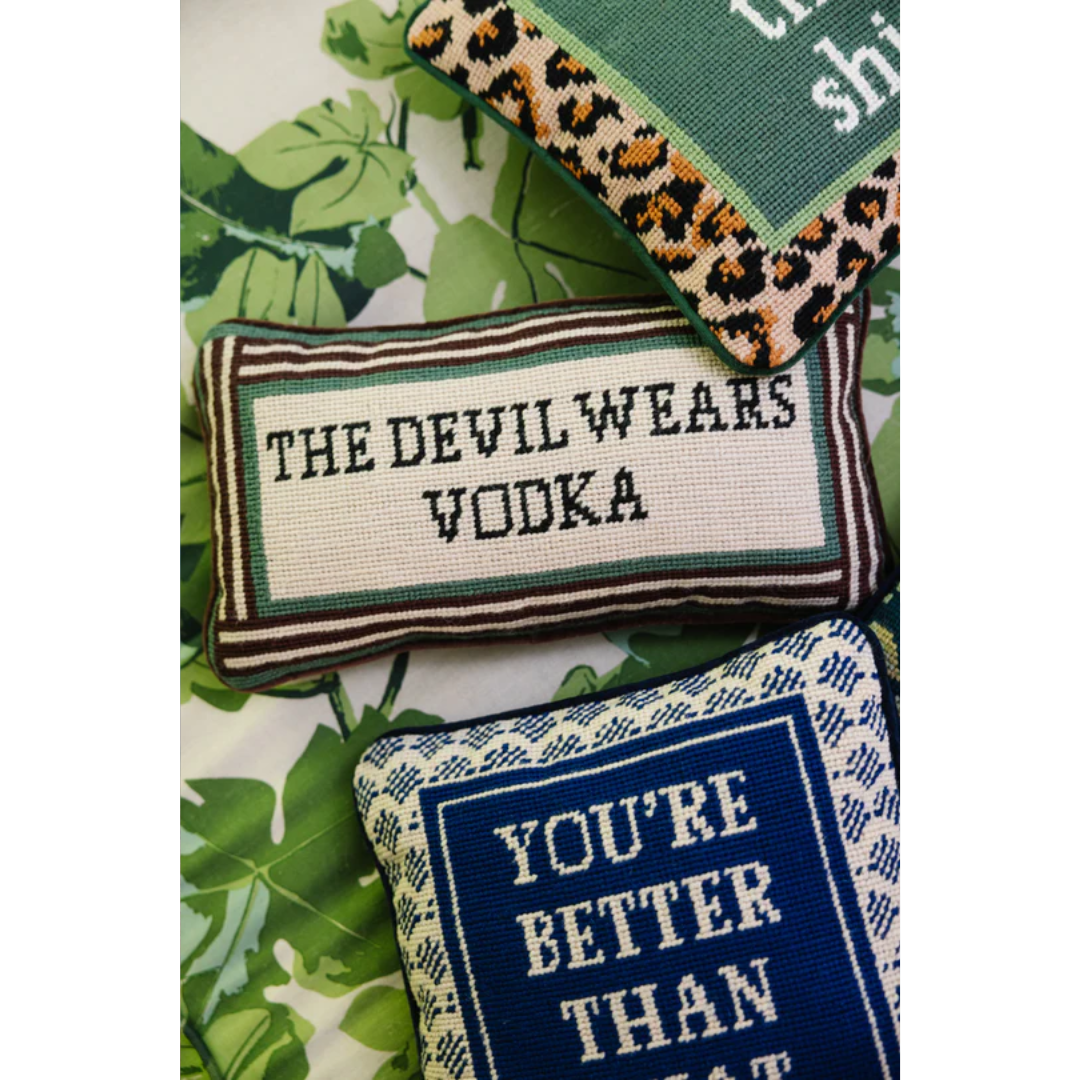 Devil Wears Vodka Needlepoint Pillow