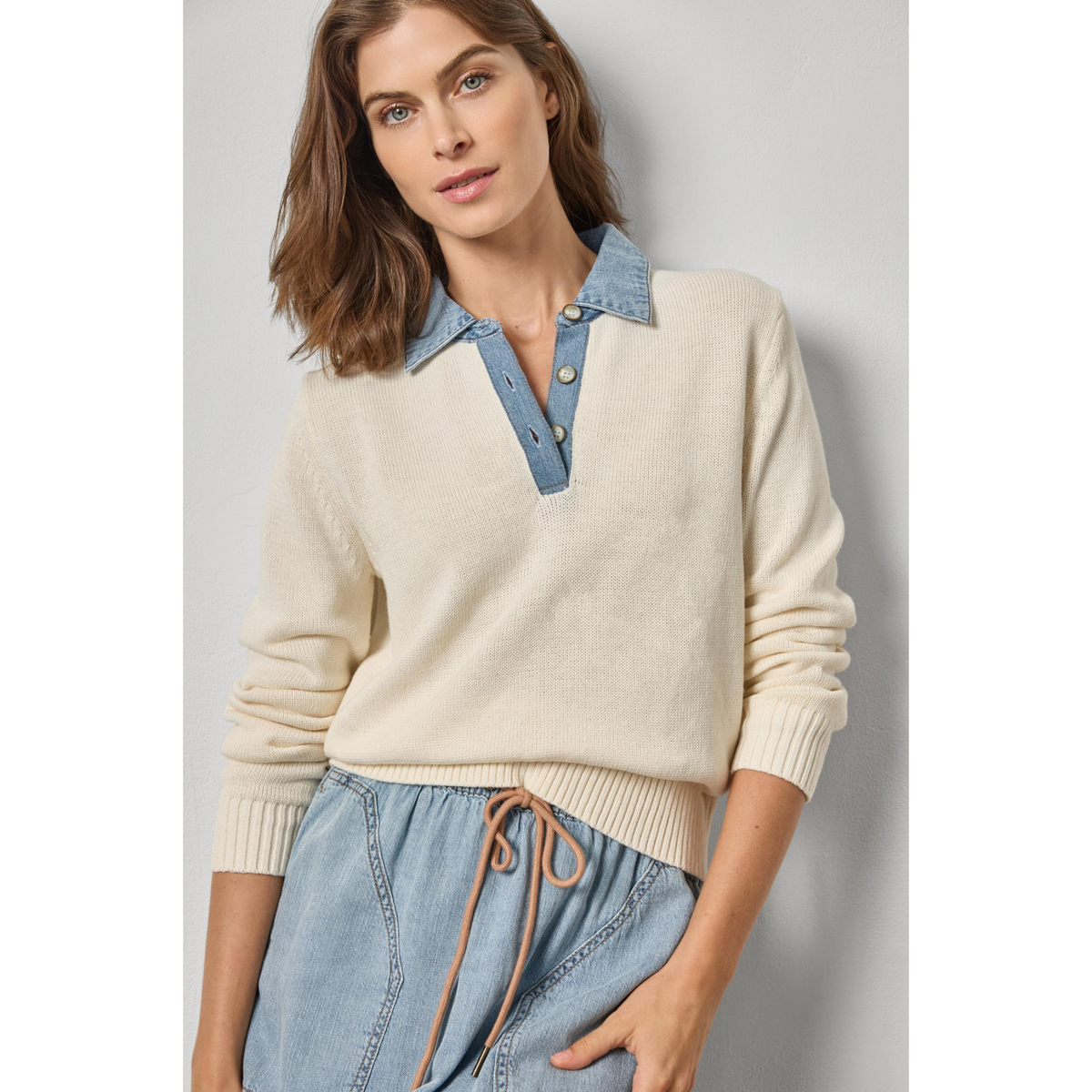 Denim Collar Polo Sweater - Cream