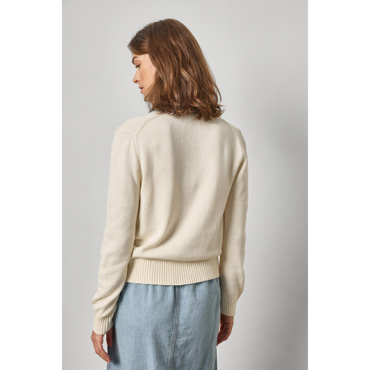 Denim Collar Polo Sweater - Cream