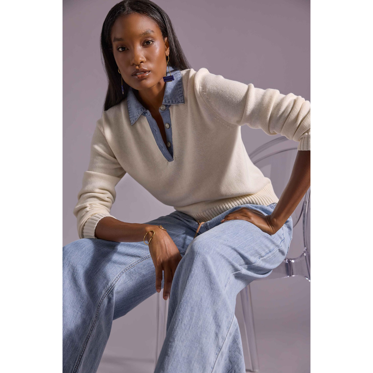 Denim Collar Polo Sweater - Cream