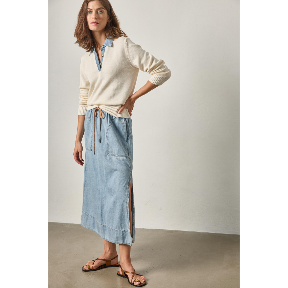 Denim Collar Polo Sweater - Cream