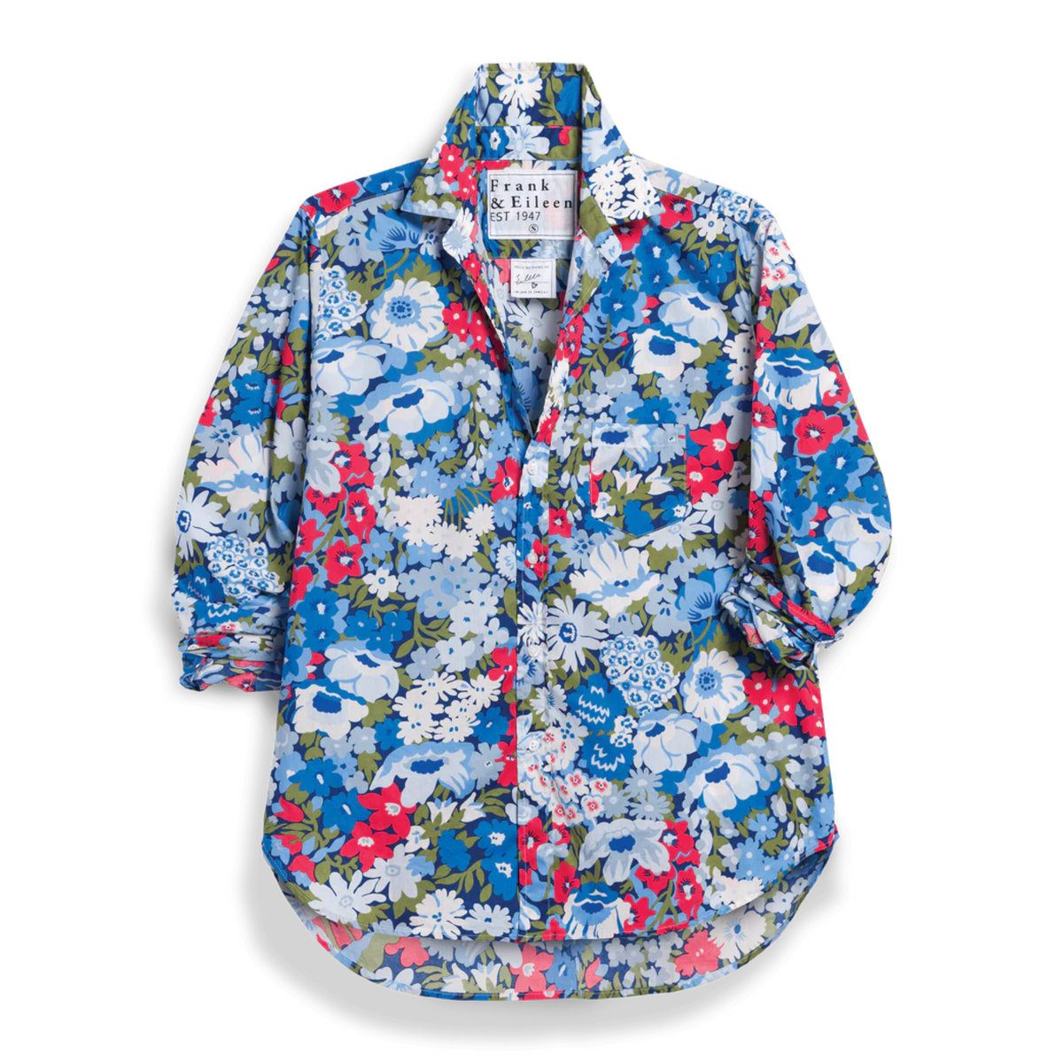 Floral patterned shirt with brand label on a white background