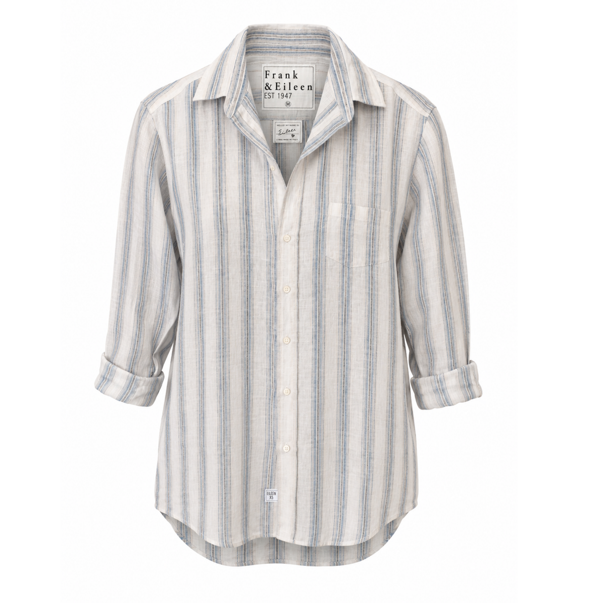 A striped button-up shirt by Frank & Eileen, featuring vertical stripes in gray and off-white with rolled-up three-quarter sleeves, shown against a plain white background.