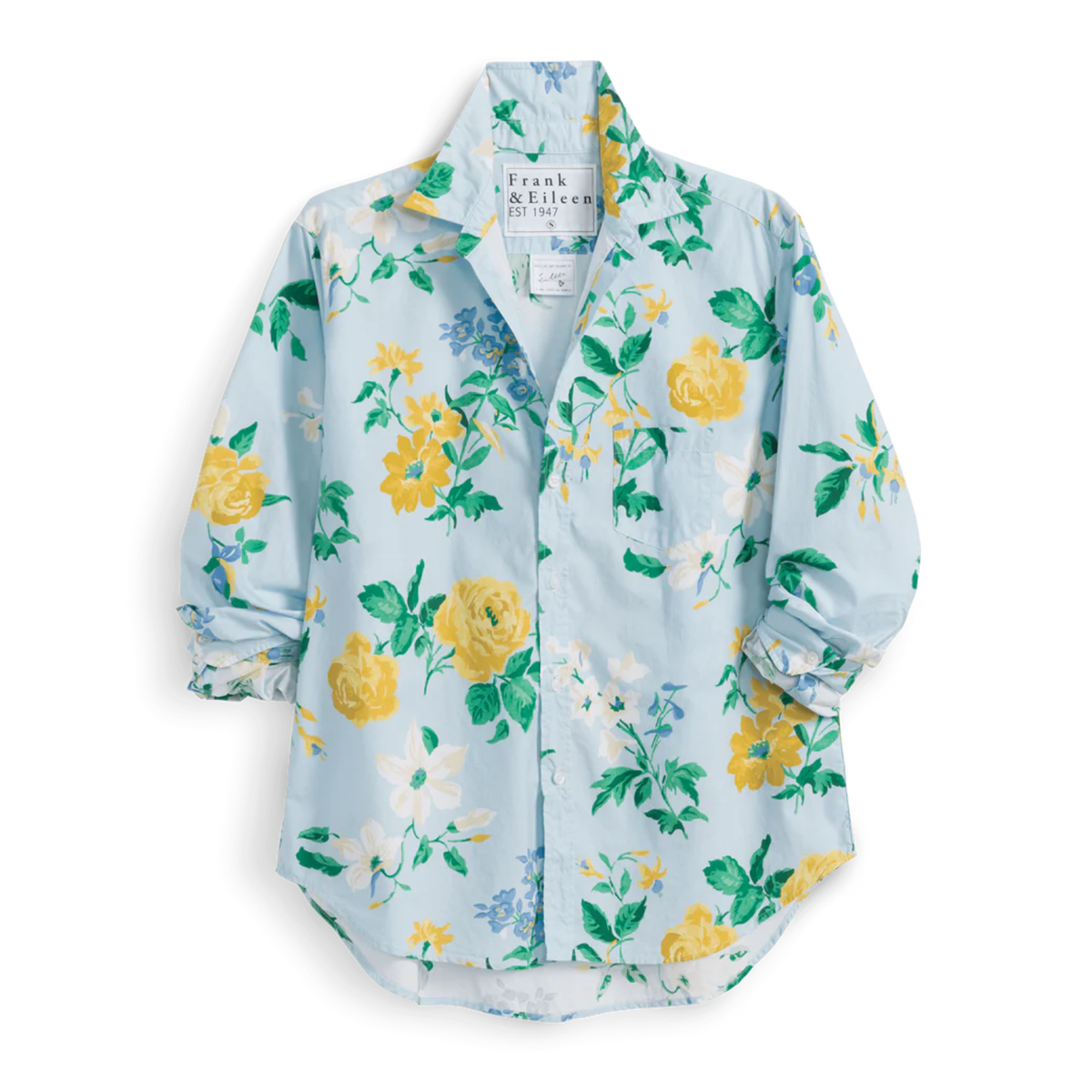 Floral patterned shirt with yellow flowers on a light blue background