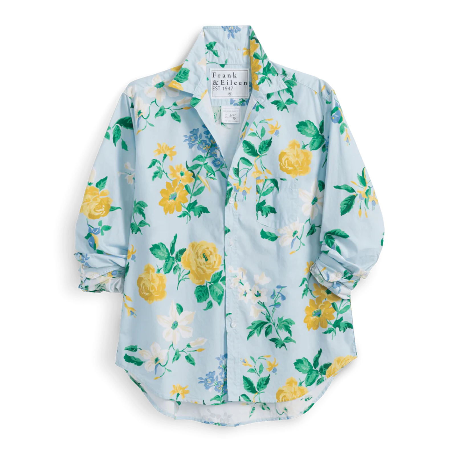 Floral patterned shirt with yellow flowers on a light blue background
