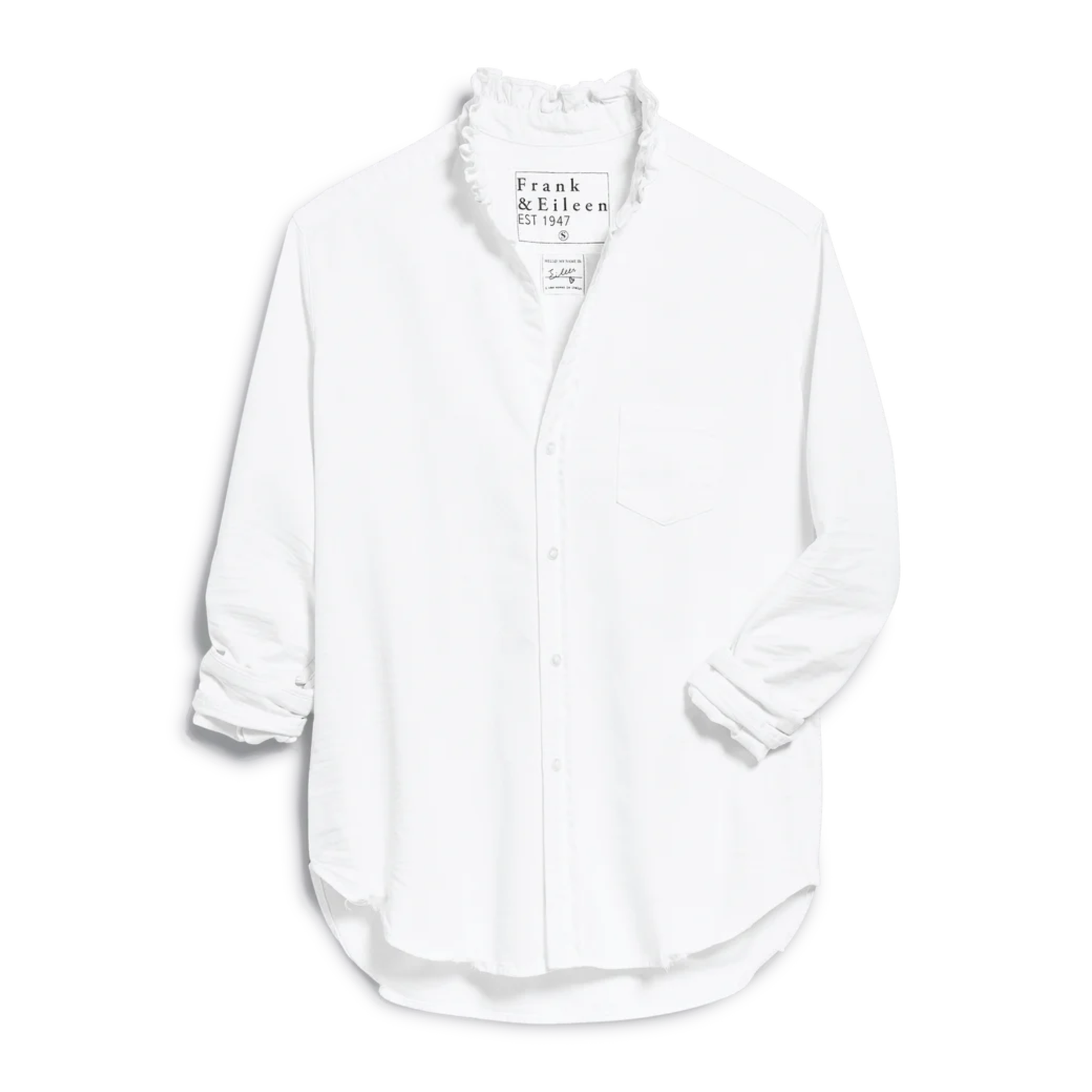 White shirt with rolled-up sleeves on a white background, featuring the brand 'Frank & Eileen'.