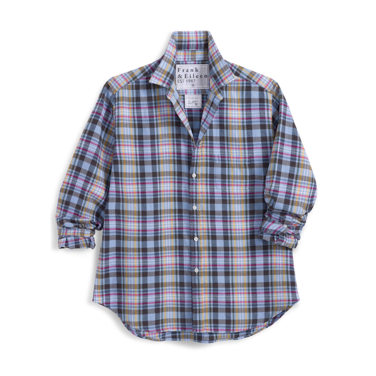 Front product view of the Frank & Eileen Eileen Relaxed Button-Up in Blue, Gold, Green, and White Plaid—a relaxed long-sleeve button-down shirt with rolled cuffs and a curved hem set against a plain white background.