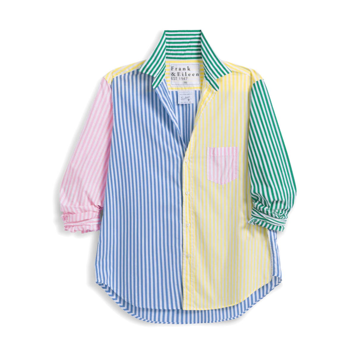 Color block button down on a white background.