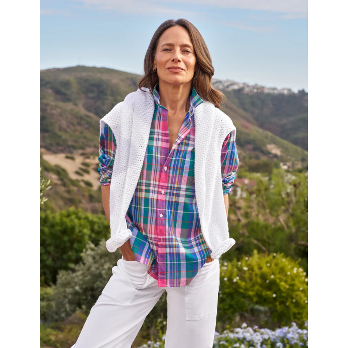 Eileen Relaxed Button-Up - Green and Pink with Blue Plaid