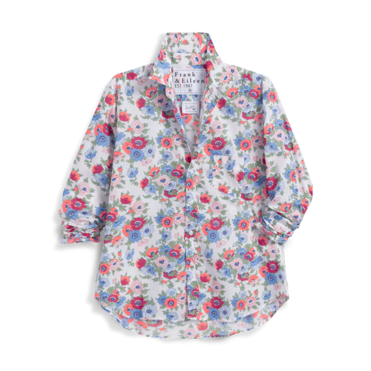 A long-sleeve button-up shirt by Frank & Eileen featuring a dense floral print with red, pink, blue, and green flowers on a white background.