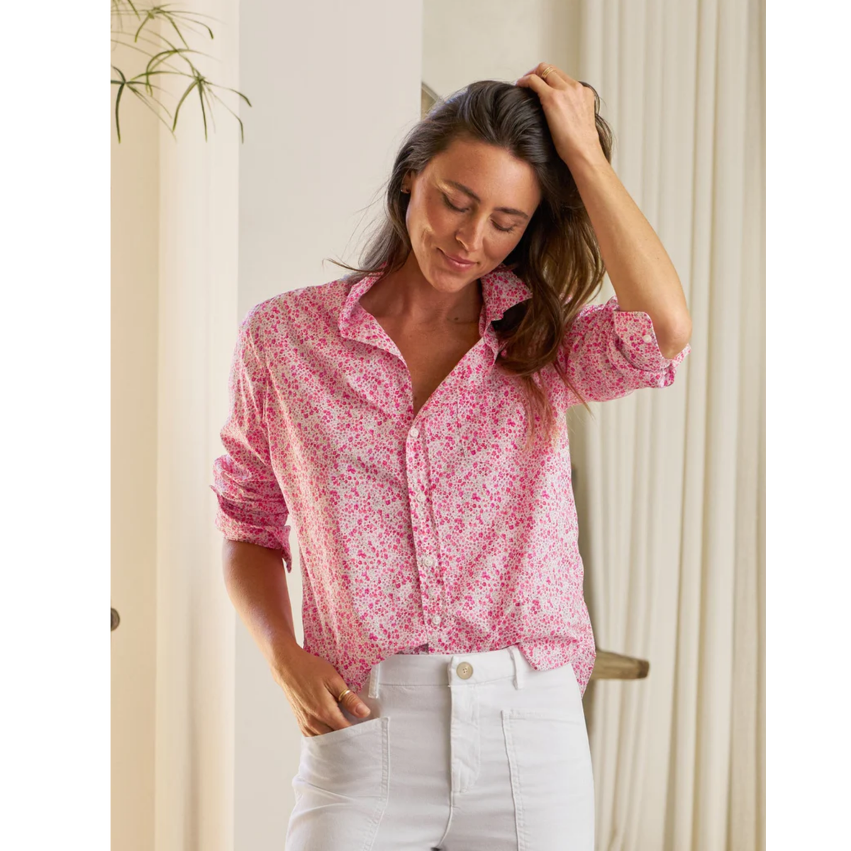 Eileen Relaxed Button-Up - Pink Flowers