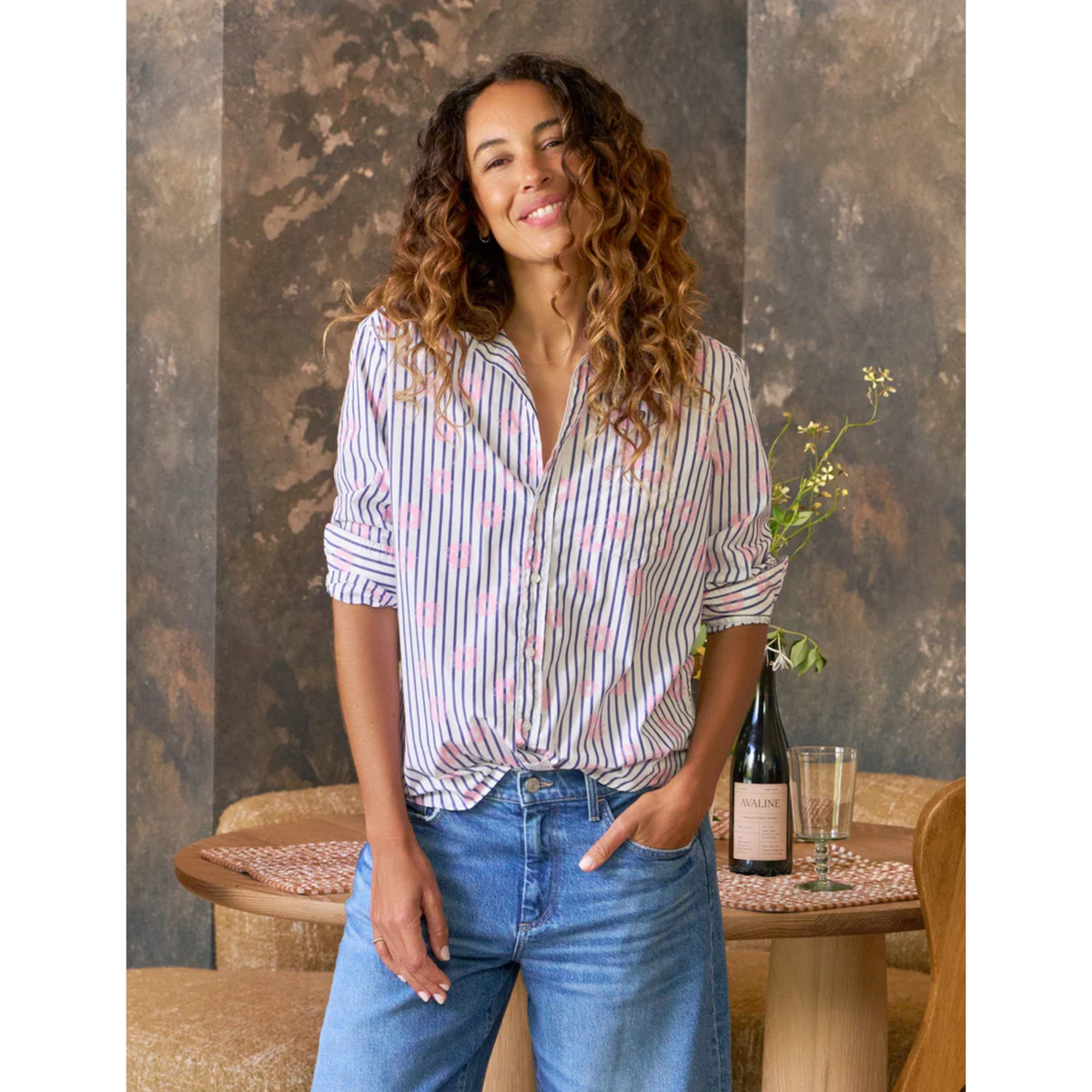 Eileen Relaxed Button-Up - Pink Flowers with Blue Stripe