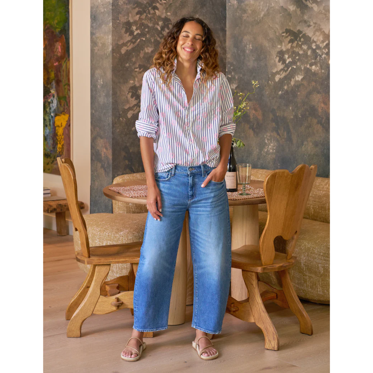 Eileen Relaxed Button-Up - Pink Flowers with Blue Stripe