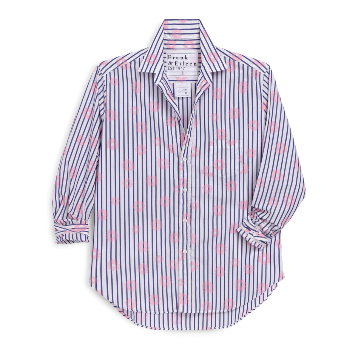 Eileen Relaxed Button-Up - Pink Flowers with Blue Stripe