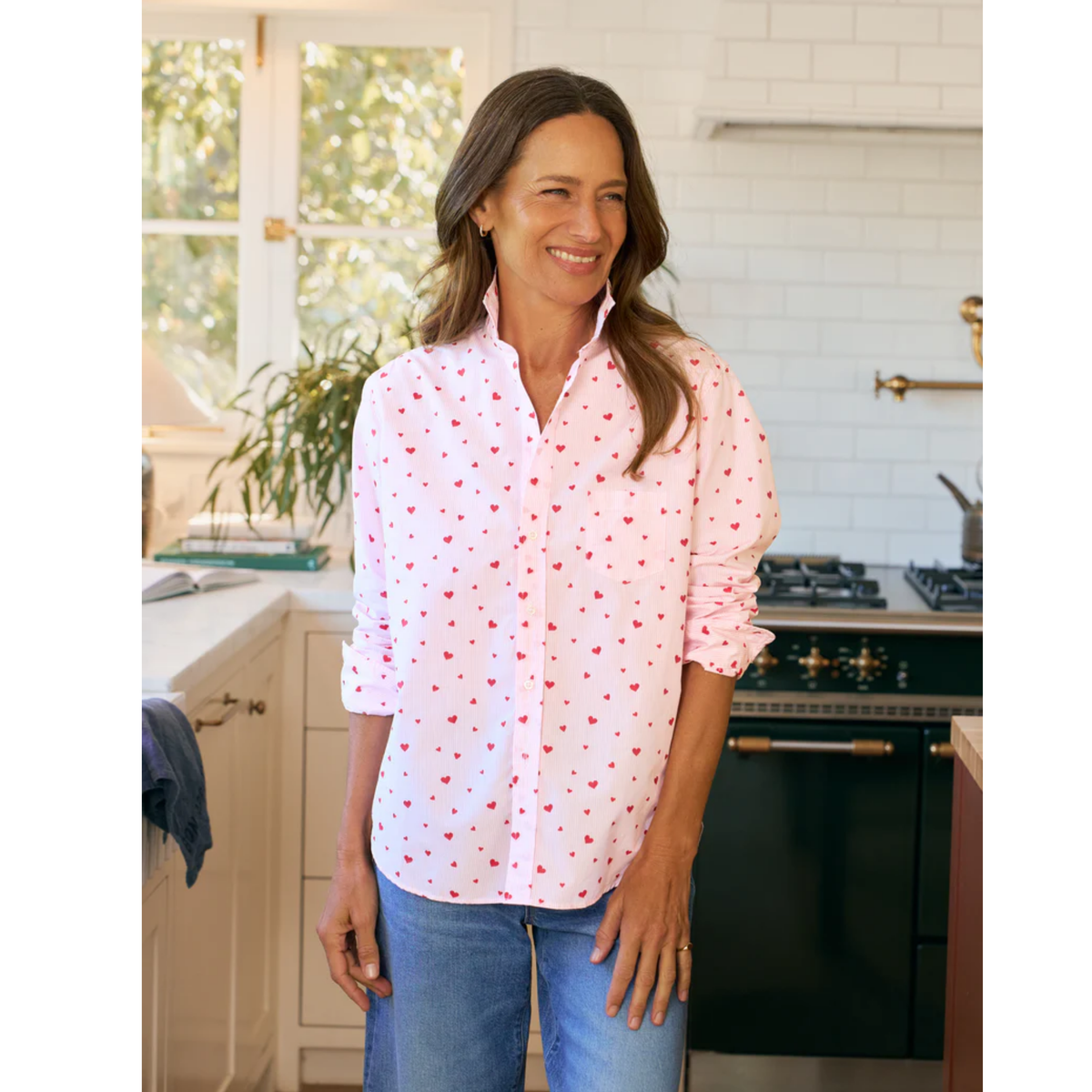 Eileen Relaxed Button-Up - Pink Stripe with Hearts