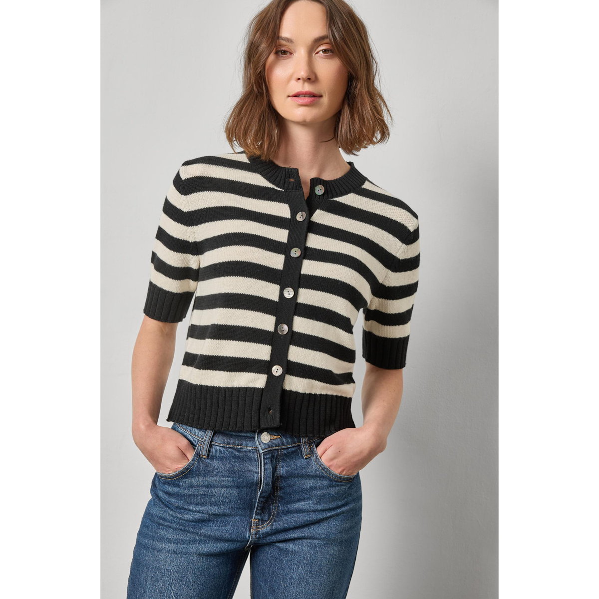 Elbow Sleeve Button Cardigan - Jet Black Stripe