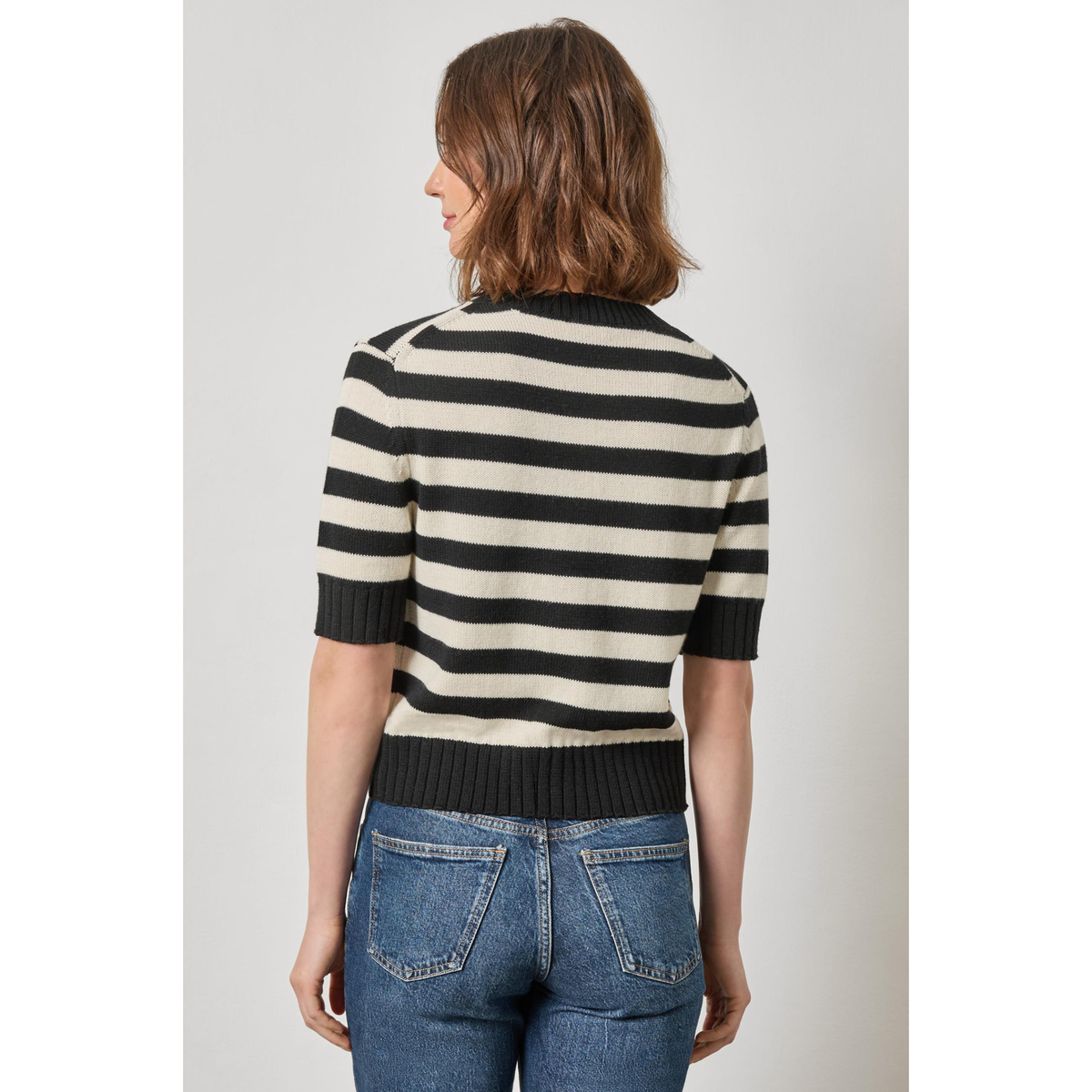 Elbow Sleeve Button Cardigan - Jet Black Stripe