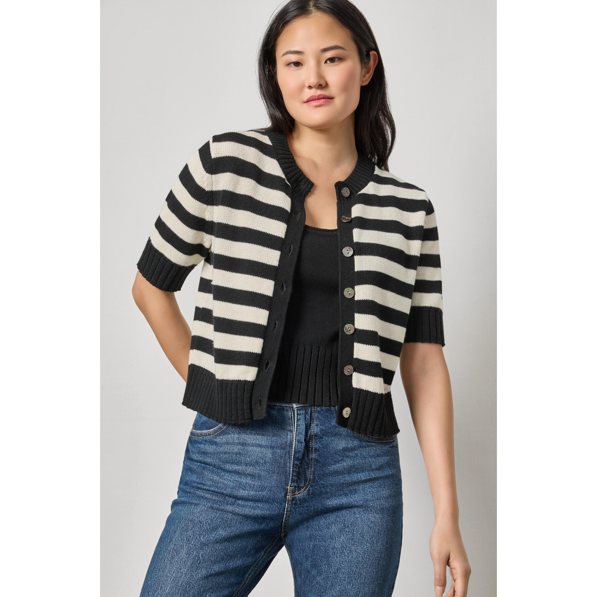 Elbow Sleeve Button Cardigan - Jet Black Stripe