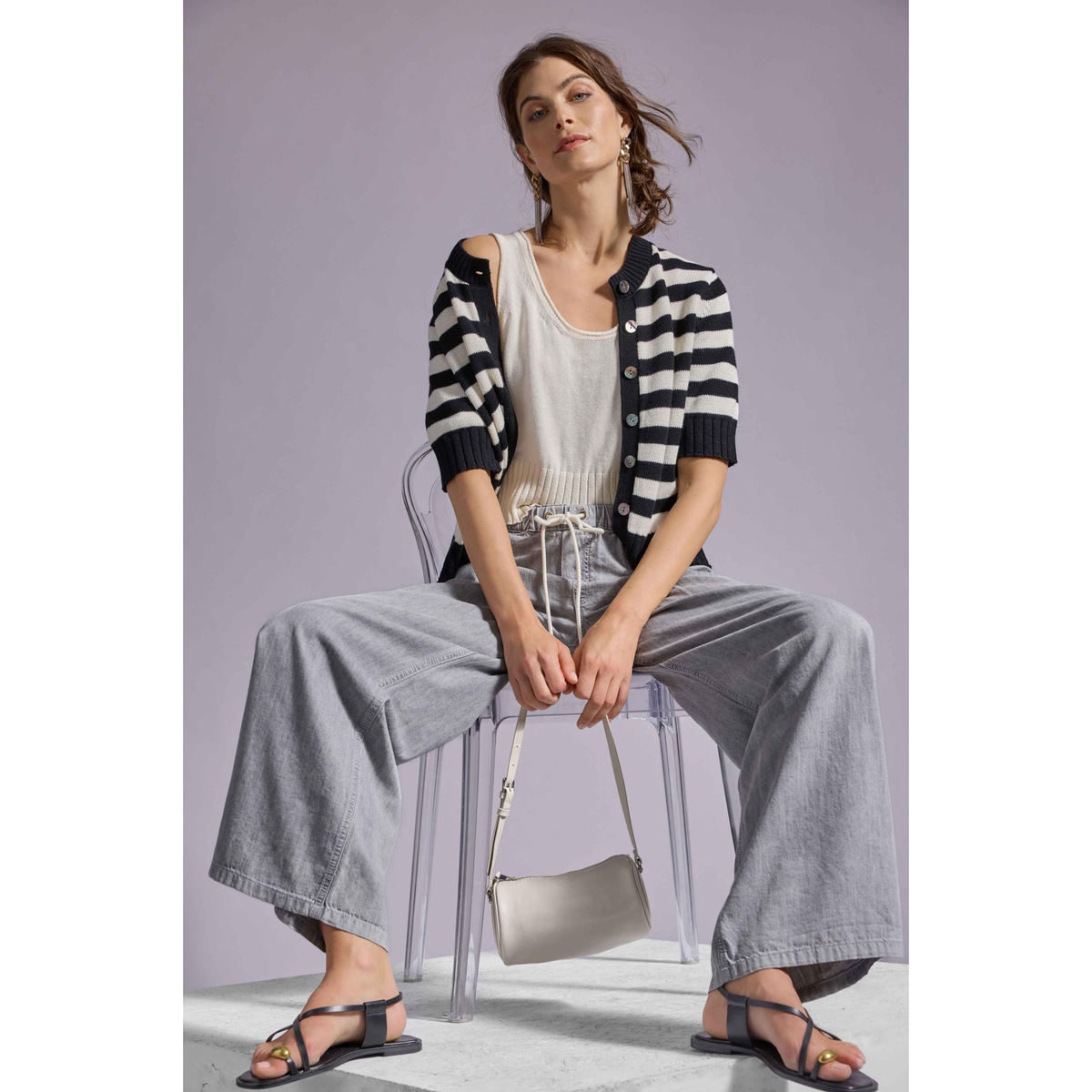 Elbow Sleeve Button Cardigan - Jet Black Stripe