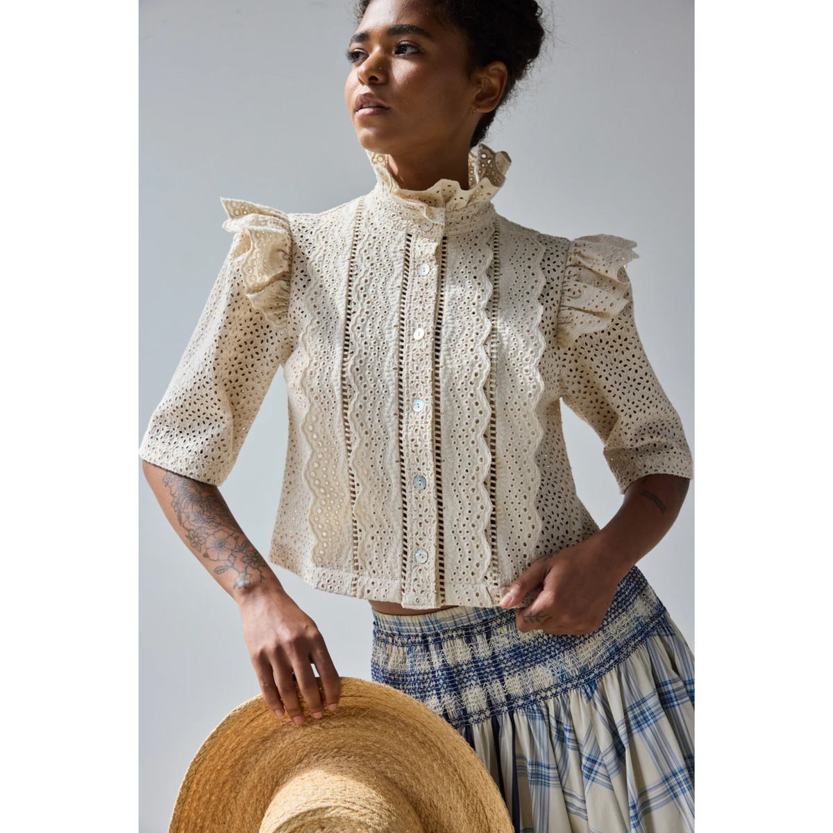 Eyelet Trimmed Shirt - Ivory