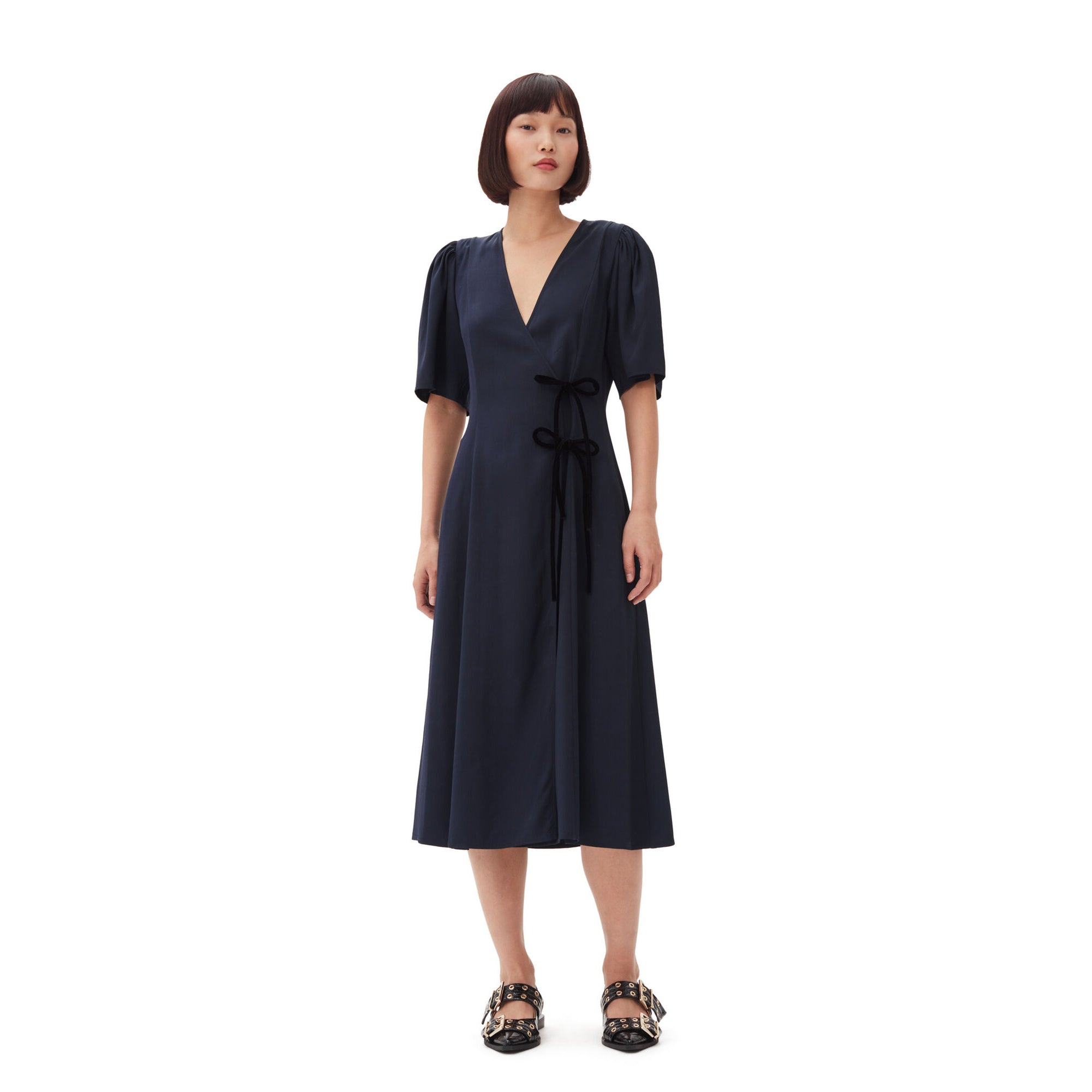 Navy Blue Viscose Twill Wrap Midi Dress - MINE by sandy Navy Blue Viscose Twill Wrap Midi Dress - MINE by sandy
