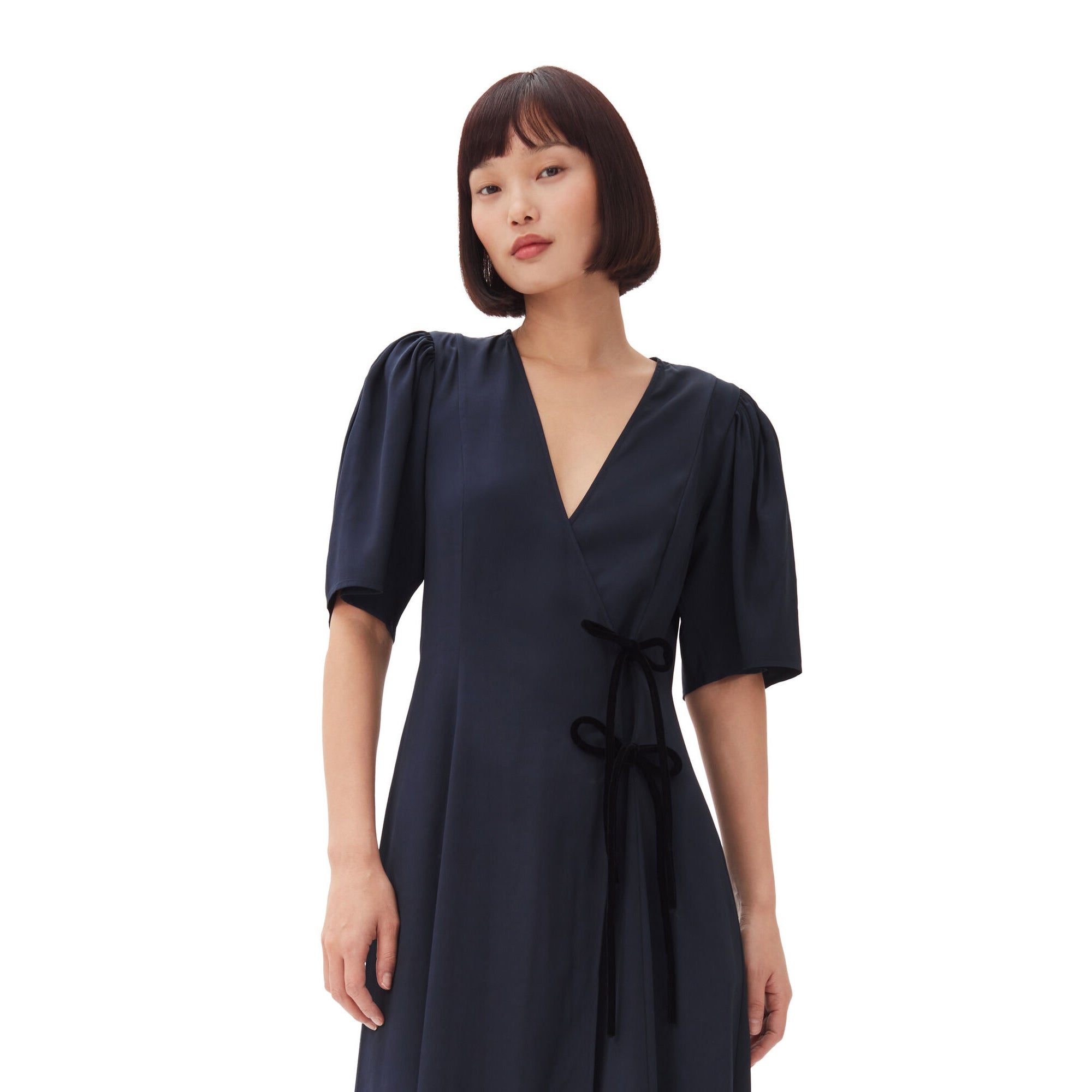Navy Blue Viscose Twill Wrap Midi Dress MINE by sandy