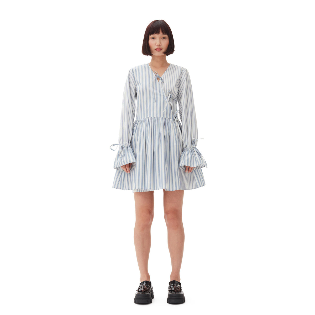 Blue Stripe Cotton Mini Wrap Dress