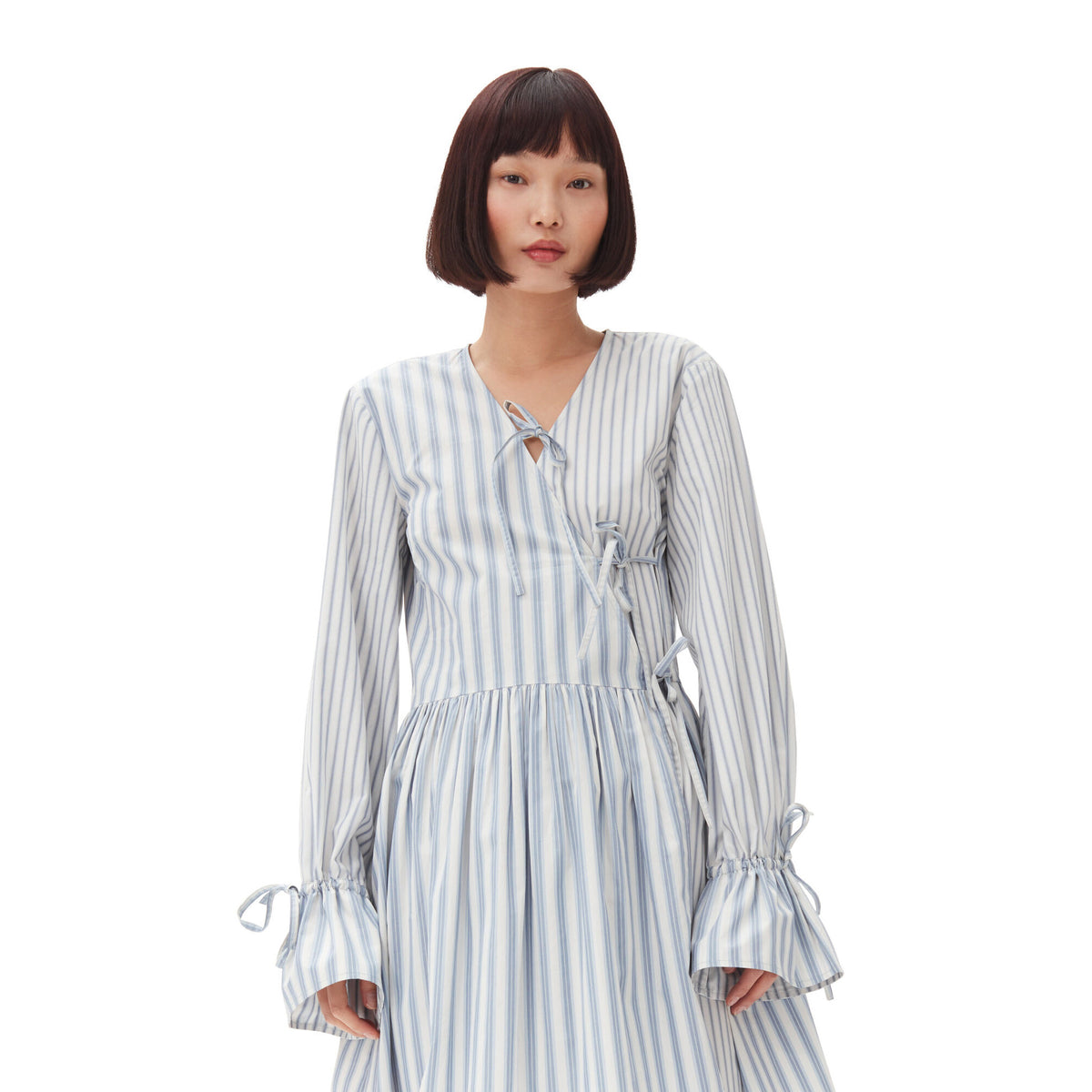 Blue Stripe Cotton Mini Wrap Dress
