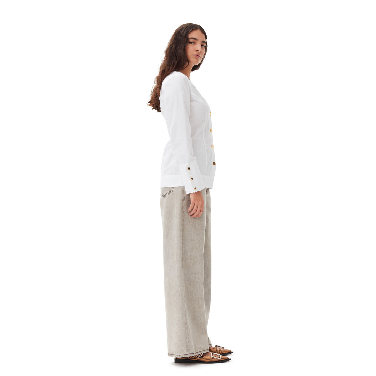 White Cotton Poplin V-Neck Shirt