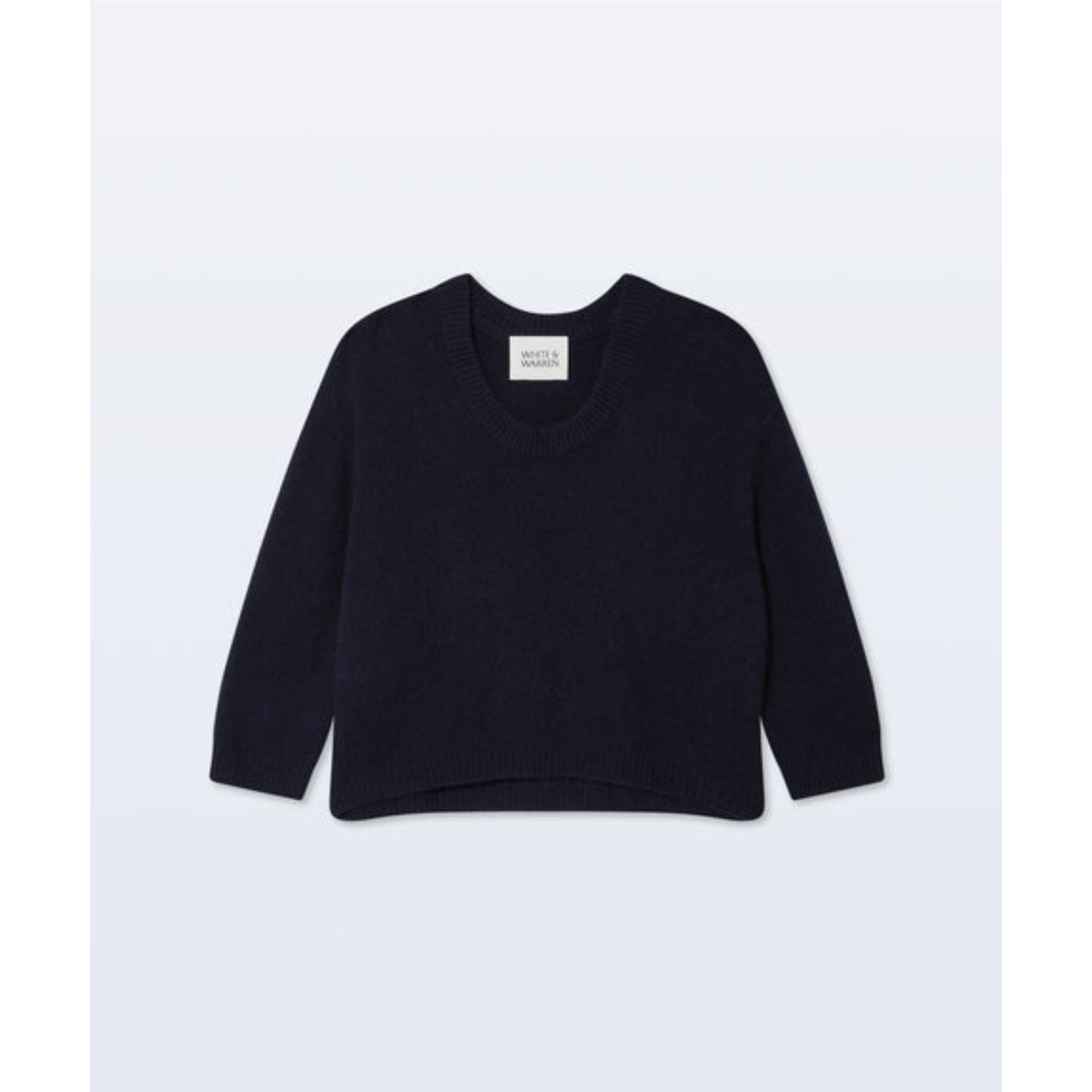 A dark navy blue long-sleeve knit sweater with a crew neck, laid flat against a light gray background.
